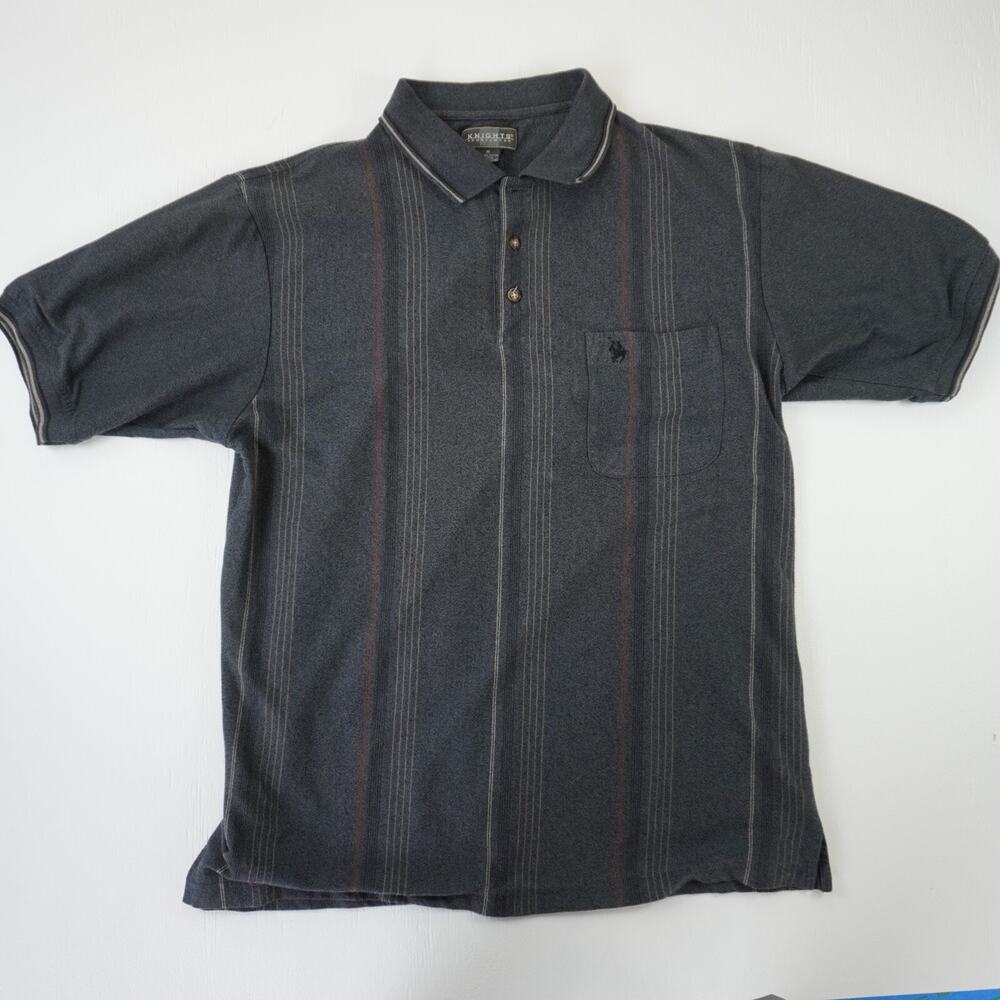 Vintage Knights Sportswear Polo Shirt Mens Medium Gray Striped Pocket Golf Casua